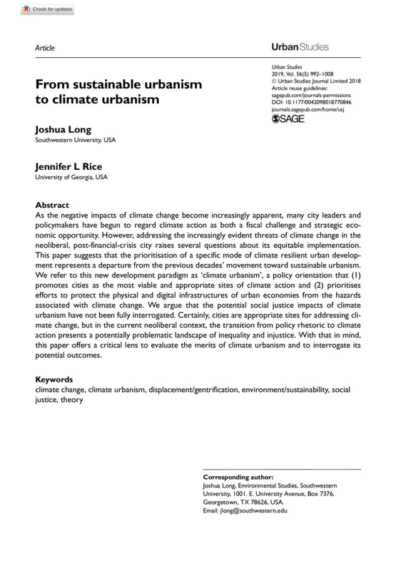 From sustainable urbanism to climate urbanism, by Joshua Long and Jennifer L Rice [.pdf]