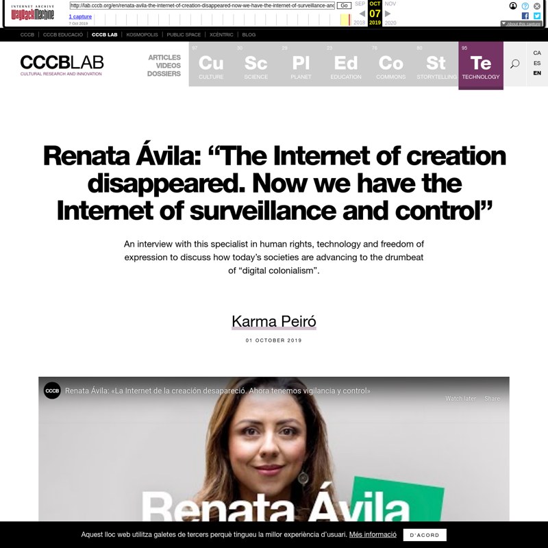 Renata Ávila: "The Internet of creation disappeared. Now we have the Internet of surveillance and control" | CCCB LAB