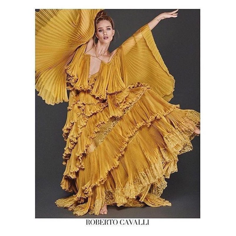 Roberto Cavalli, Mustard Chiffon Ruffled Gown, FW 2016
