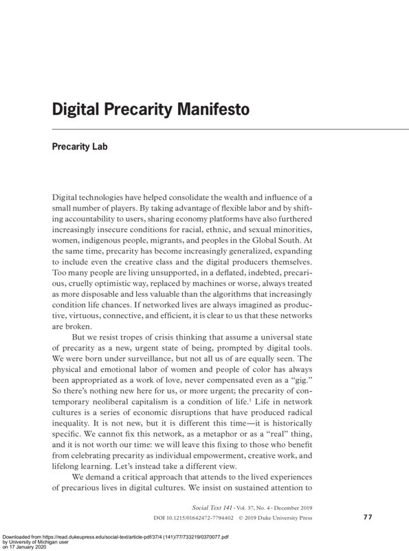 Digital Precarity Manifesto, by Precarity Lab [precarity-lab-manifesto.pdf]